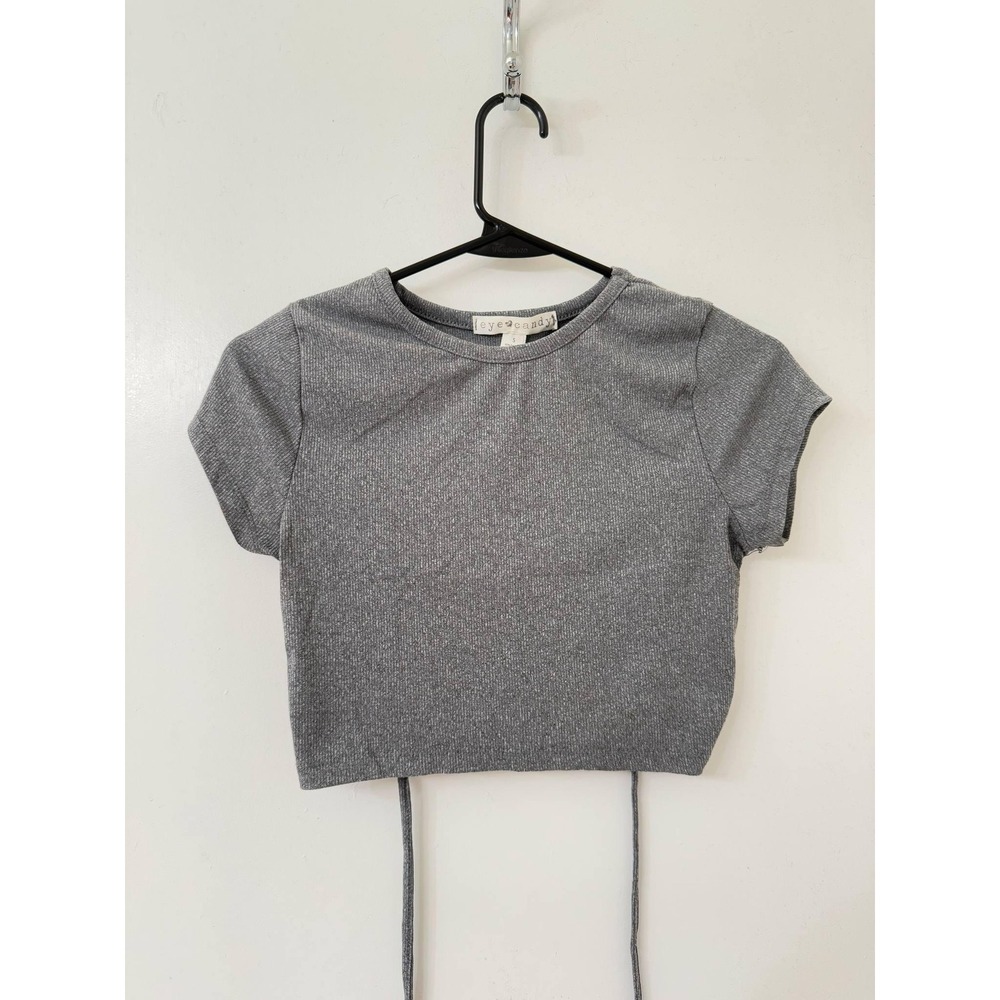 Eye Candy Womens Gray Ribbed Open Back Ruched Crop Top Short Sleeve Small